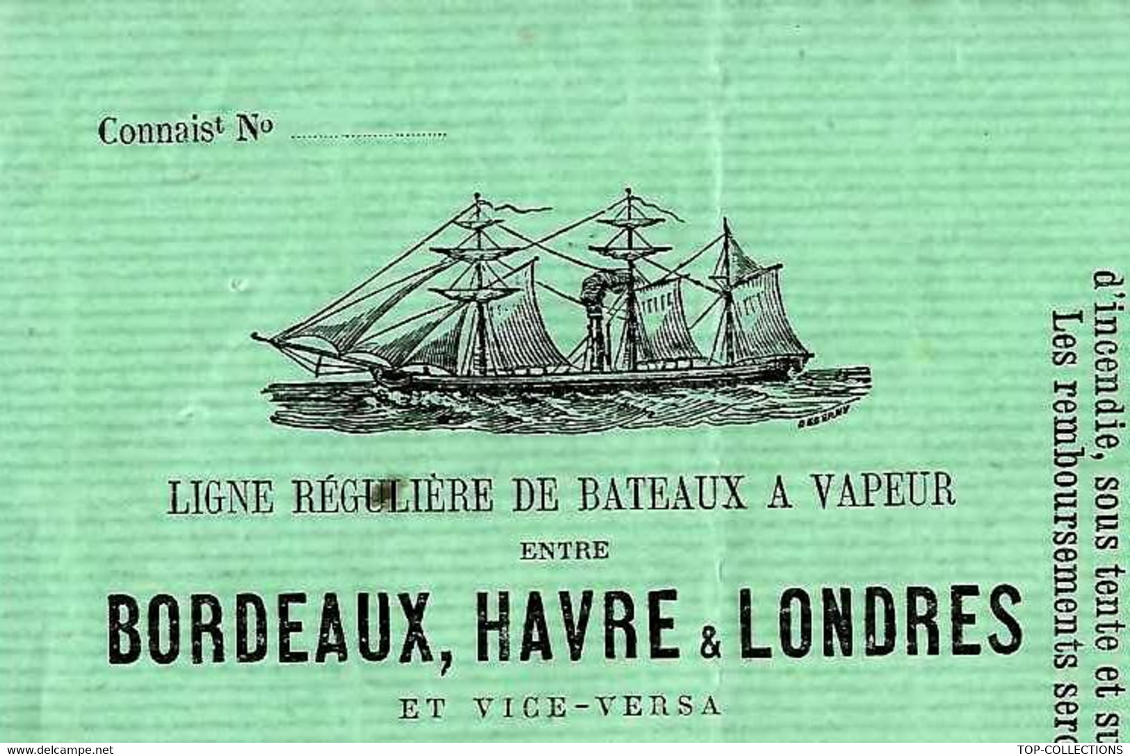 1871 CONNAISSEMENT BILL OF LADING  LIGNE REGULIERE  BATEAUX VAPEUR BORDEAUX LE HAVRE LONDRES  CAISSES CHAPEAUX V. SCANS - 1800 – 1899