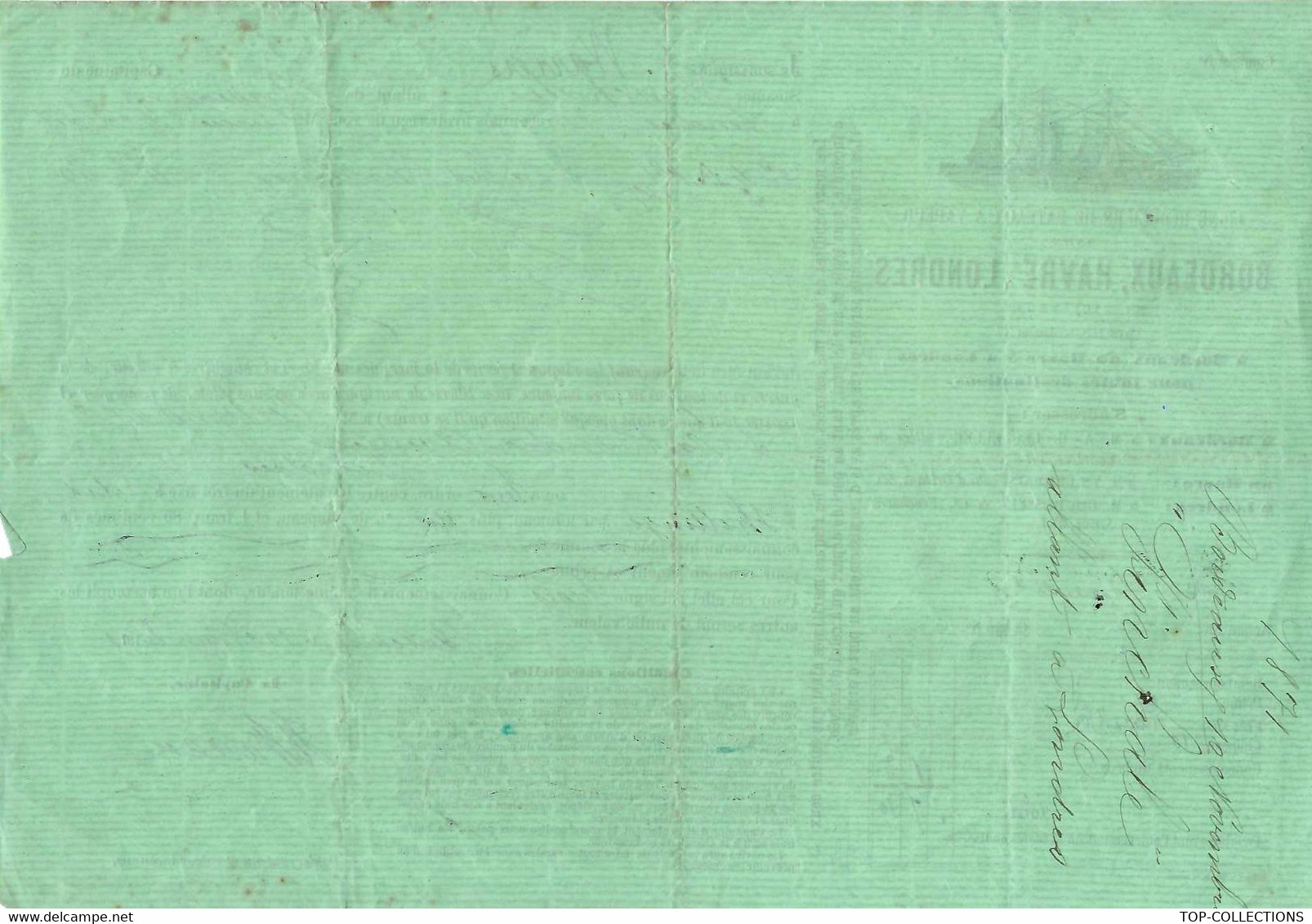 1871 CONNAISSEMENT BILL OF LADING  LIGNE REGULIERE  BATEAUX VAPEUR BORDEAUX LE HAVRE LONDRES  CAISSES CHAPEAUX V. SCANS - 1800 – 1899