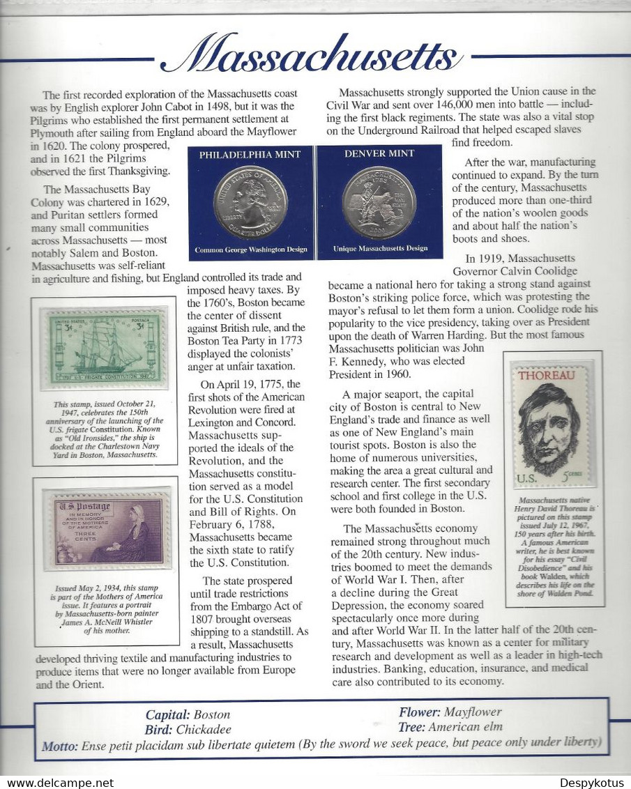 Etats-Unis - Feuillet "Etat" - 2 Quarters FDC 1999 (Philadelphie Et Denver) Et 3 Timbres Neufs - Massachusetts - Non Classificati