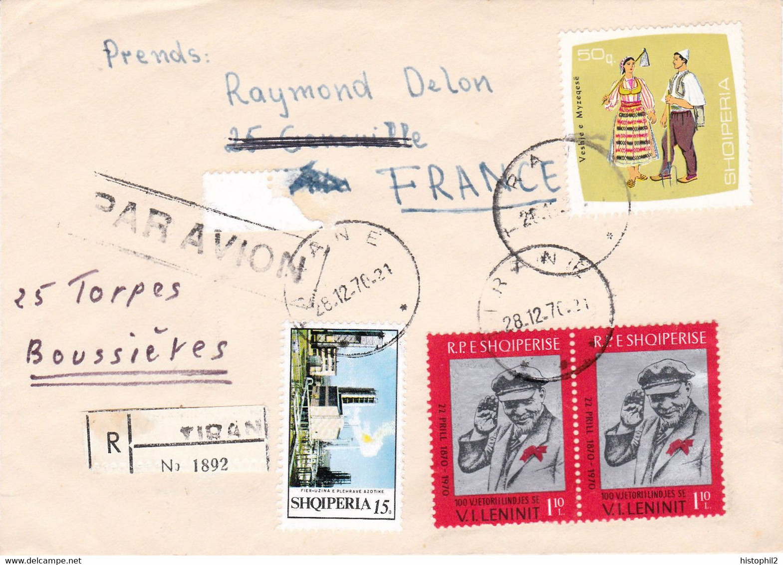 Rare Airmail REGISTERED Cover From Tirana Albania To France 28/12/1970 With Rare 15 Q Industry Stamp (Yvert 1294 B) - Albania