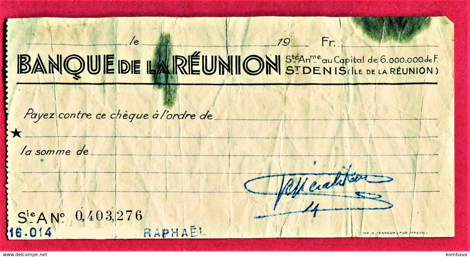 Ile De La REUNION -Banque De La Réunion  - Ancien Chèque   (Cheque BR) - Reunión