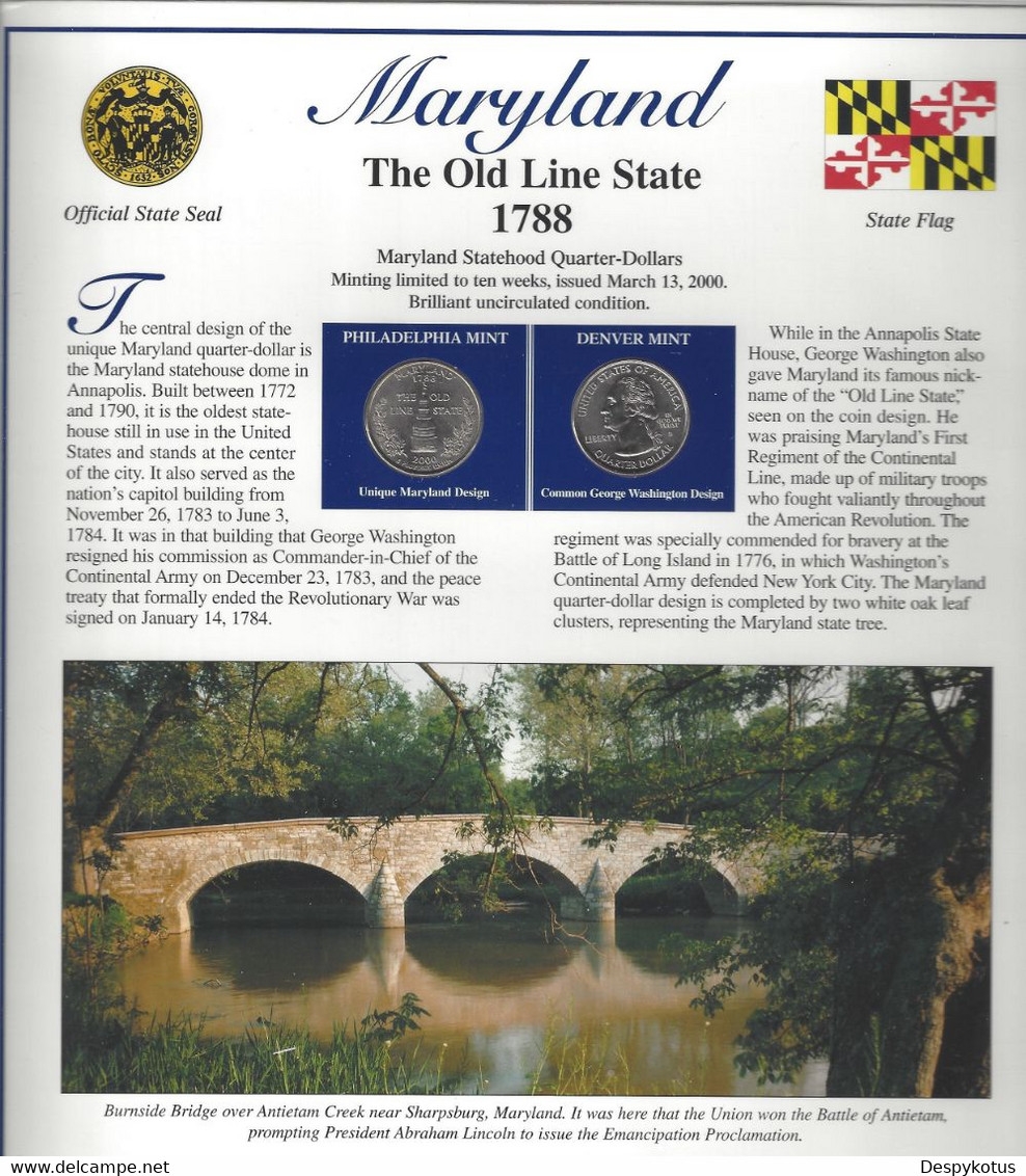 Etats-Unis - Feuillet "Etat" - 2 Quarters FDC 1999 (Philadelphie Et Denver) Et 3 Timbres Neufs - Maryland - Non Classificati