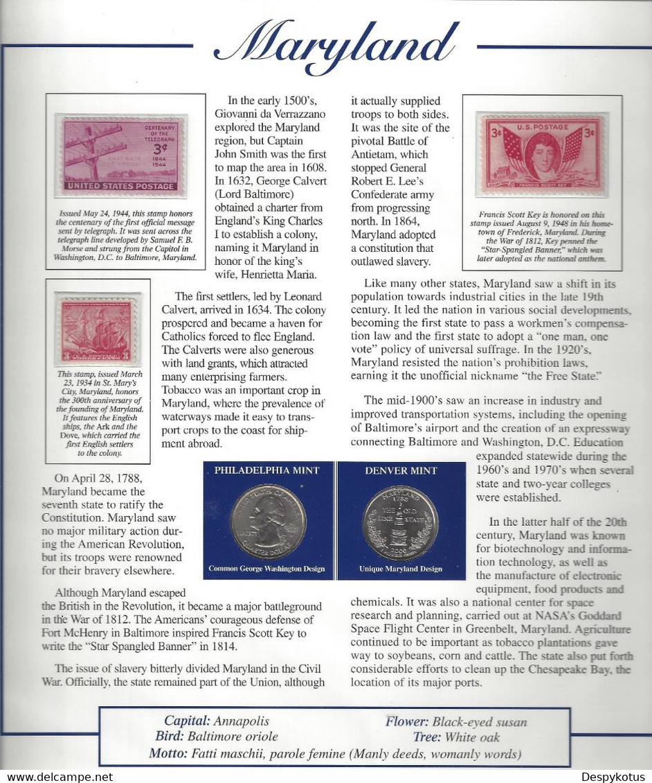 Etats-Unis - Feuillet "Etat" - 2 Quarters FDC 1999 (Philadelphie Et Denver) Et 3 Timbres Neufs - Maryland - Non Classés