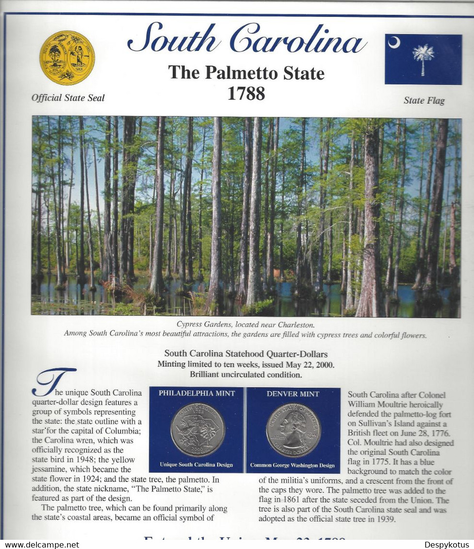 Etats-Unis - Feuillet "Etat" - 2 Quarters FDC 1999 (Philadelphie Et Denver) Et 2 Timbres Neufs - South Carolina - Unclassified