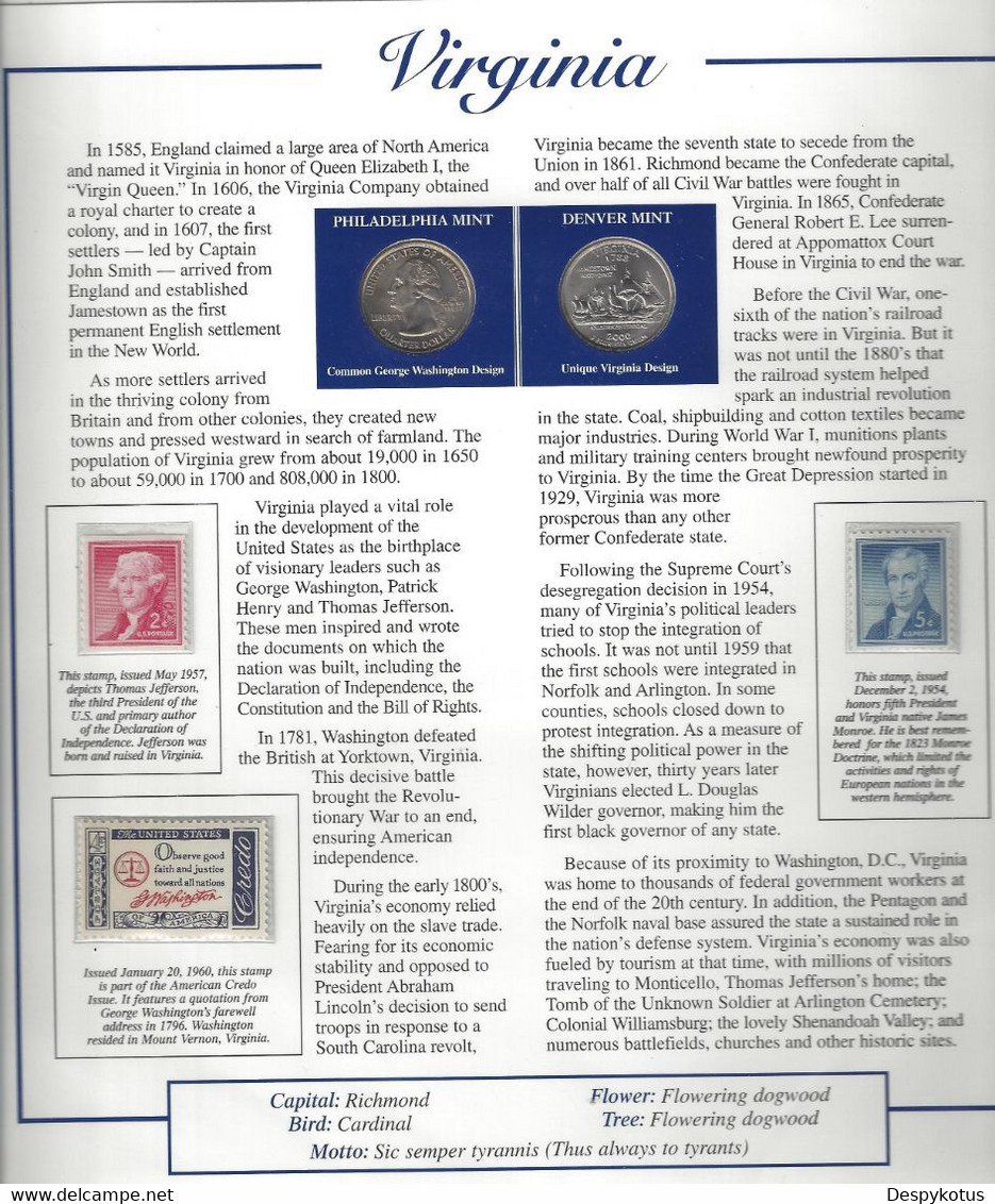 Etats-Unis - Feuillet "Etat" - 2 Quarters FDC 1999 (Philadelphie Et Denver) Et 3 Timbres Neufs - Virginia - Zonder Classificatie