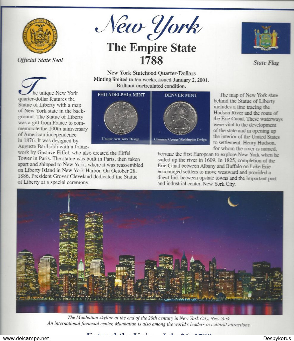 Etats-Unis - Feuillet "Etat" - 2 Quarters FDC 1999 (Philadelphie Et Denver) Et 3 Timbres Neufs - New York - Non Classés