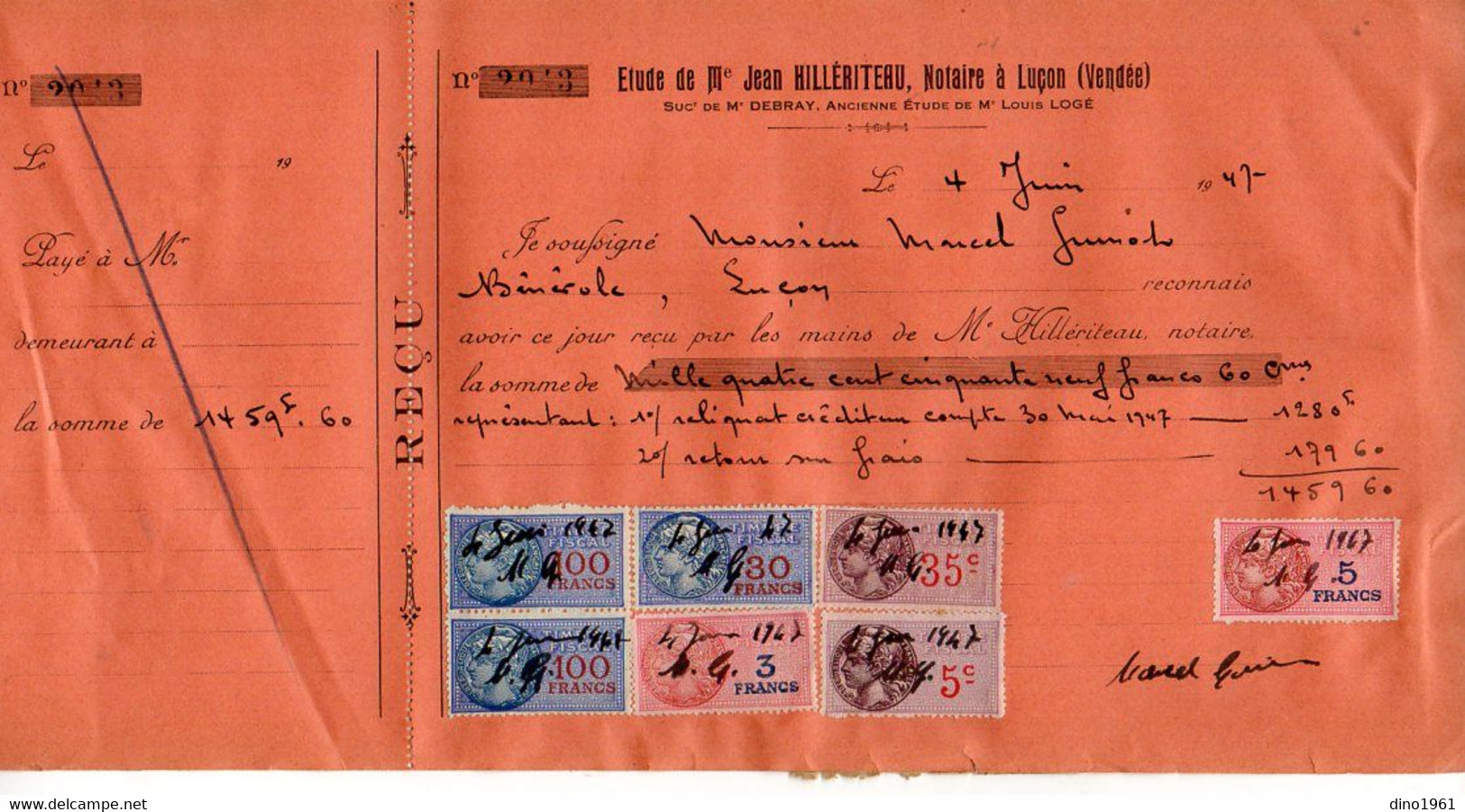 TB 3543 - 1947 - Timbres Fiscaux Sur Reçu - Etude De Me Jean HILLERITEAU Notaire à LUCON - Lettres & Documents