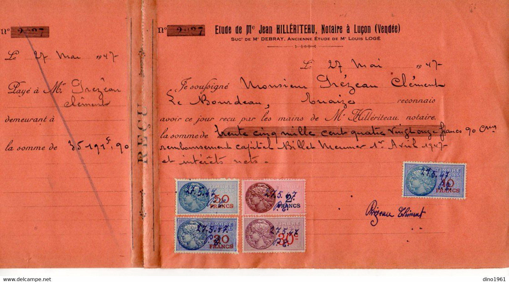 TB 3544 - 1947 - Timbres Fiscaux Sur Reçu - Etude De Me Jean HILLERITEAU Notaire à LUCON - Briefe U. Dokumente