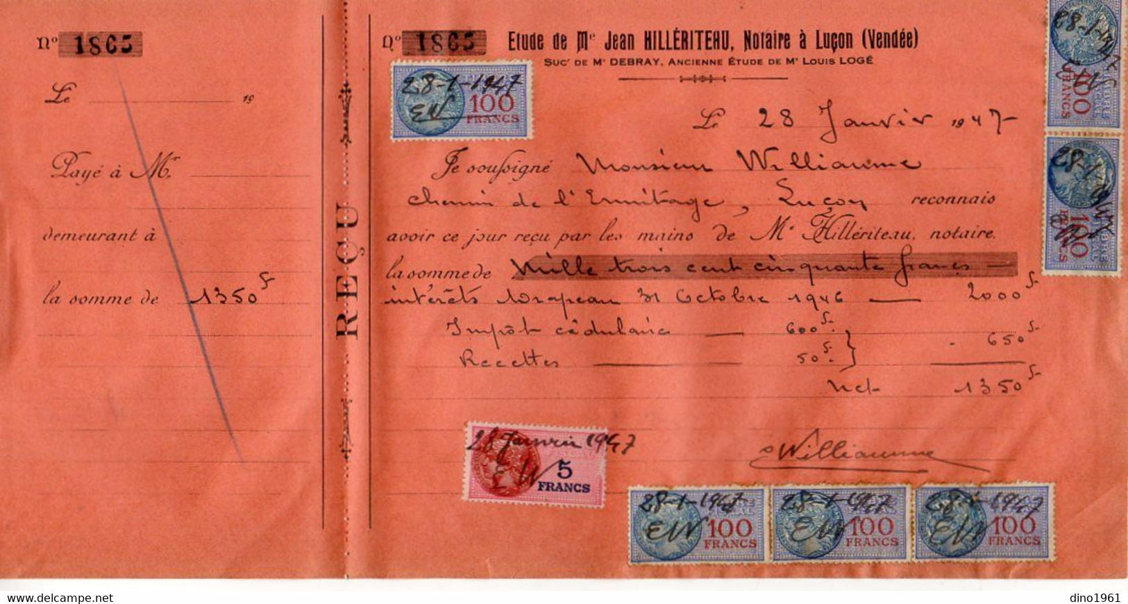 TB 3549 - 1947 - Timbres Fiscaux Sur Reçu - Etude De Me Jean HILLERITEAU Notaire à LUCON - Briefe U. Dokumente