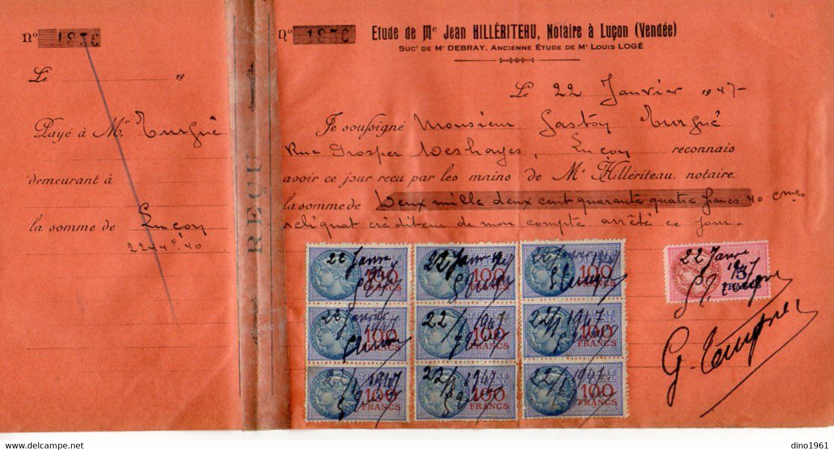 TB 3550 - 1947 - Timbres Fiscaux Sur Reçu - Etude De Me Jean HILLERITEAU Notaire à LUCON - Briefe U. Dokumente