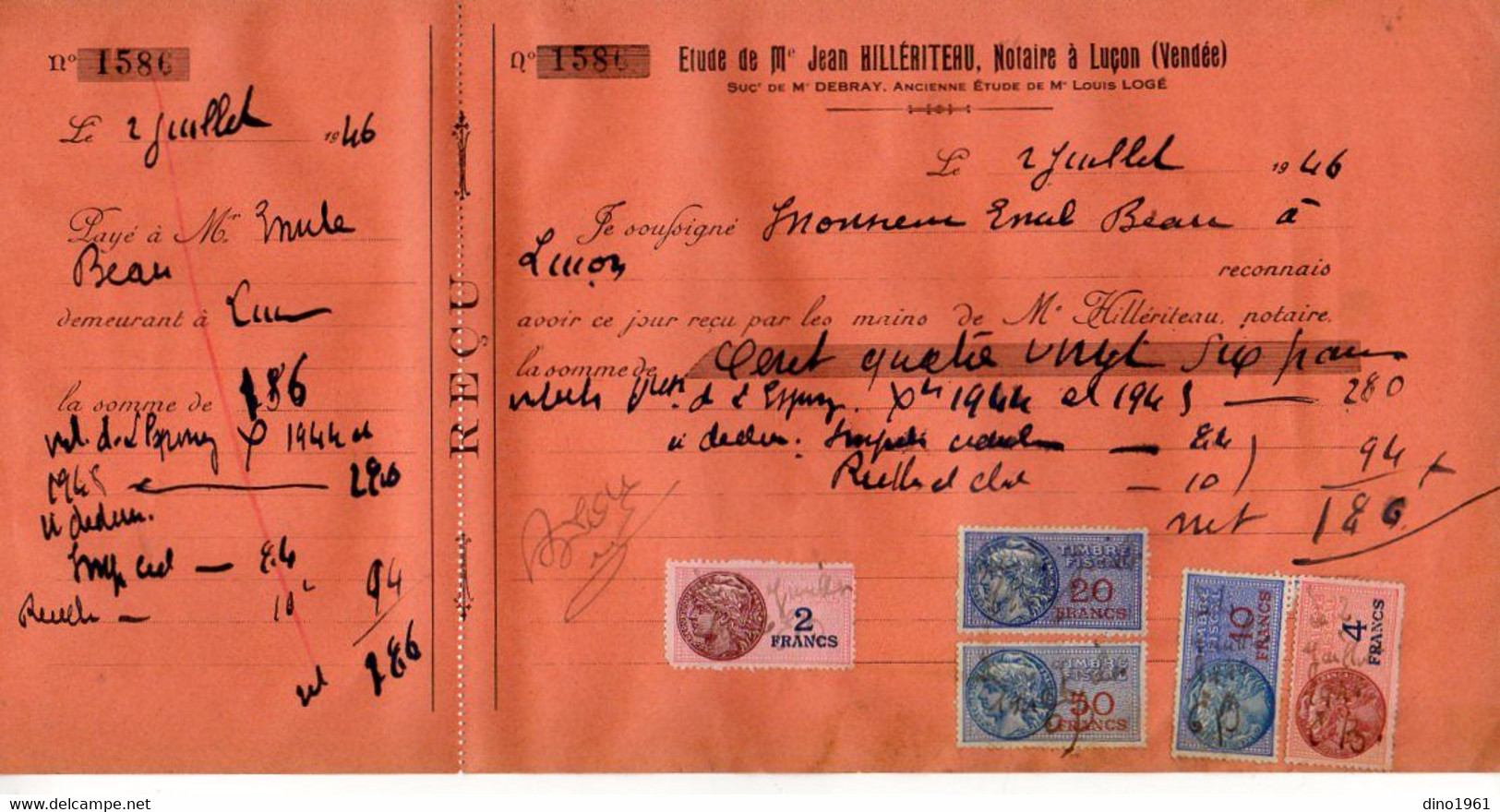 TB 3551 - 1946 - Timbres Fiscaux Sur Reçu - Etude De Me Jean HILLERITEAU Notaire à LUCON - Briefe U. Dokumente