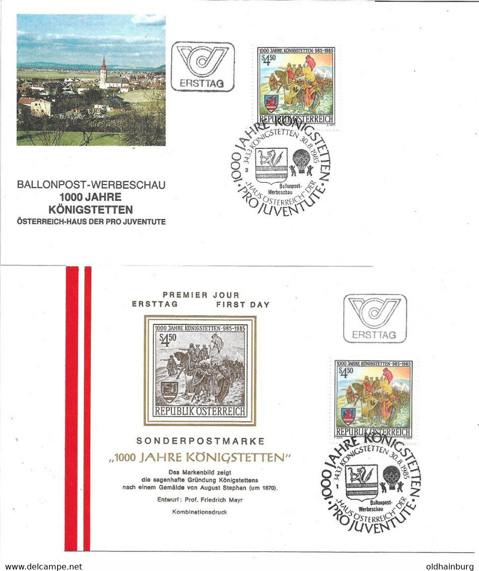 2112y: Heimatsammler 3443 Königstetten: Österreich 1985, FDC+ Ballonpost "1000 Jahre Königstetten" Plus Achterblock ** - Tulln