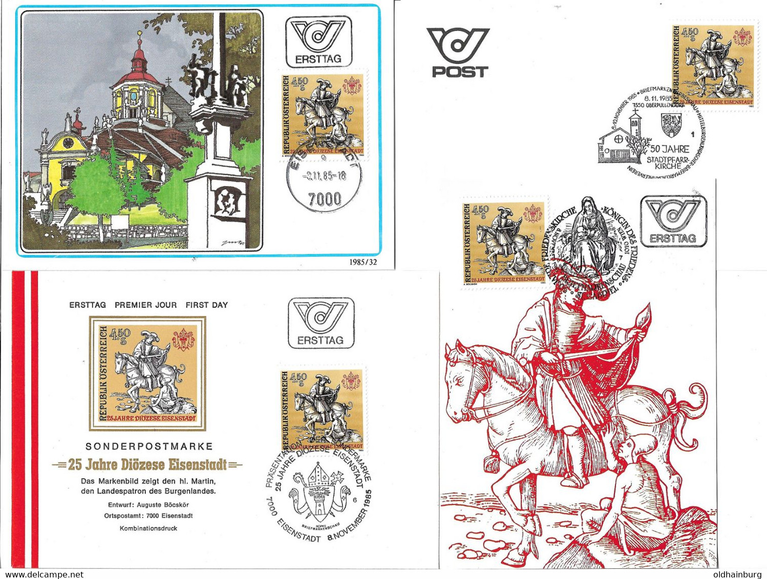 2115c: Österreich 1985, Diözese Eisenstadt, Hl. Martin Auf Pferd, Landespatron Des Burgenlandes. 4 FDC- Typen - Teologi