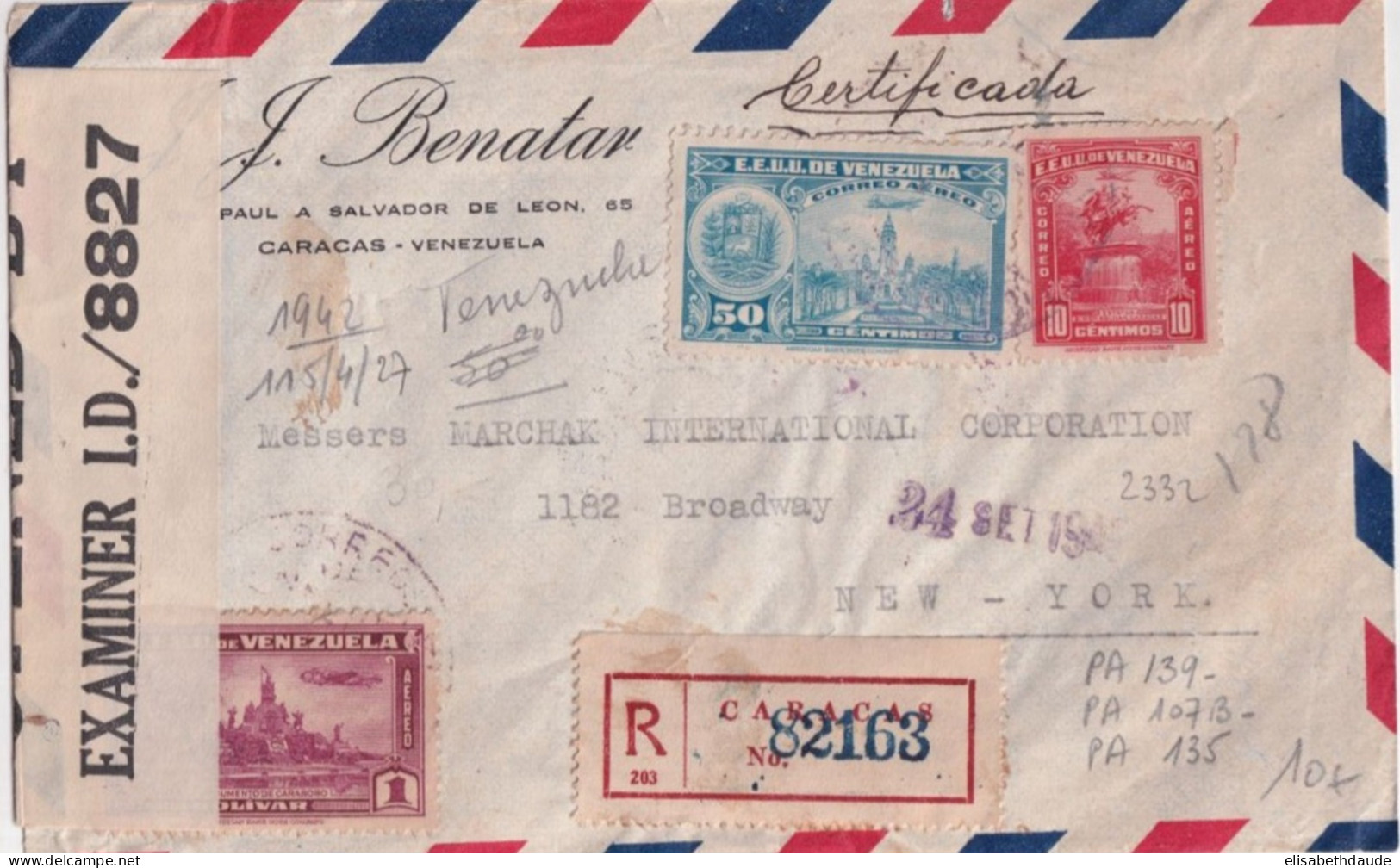 VENEZUELA - 1942 - ENVELOPPE RECOMMANDEE Avec CENSURE De CARACAS => NEW YORK (USA) - Venezuela