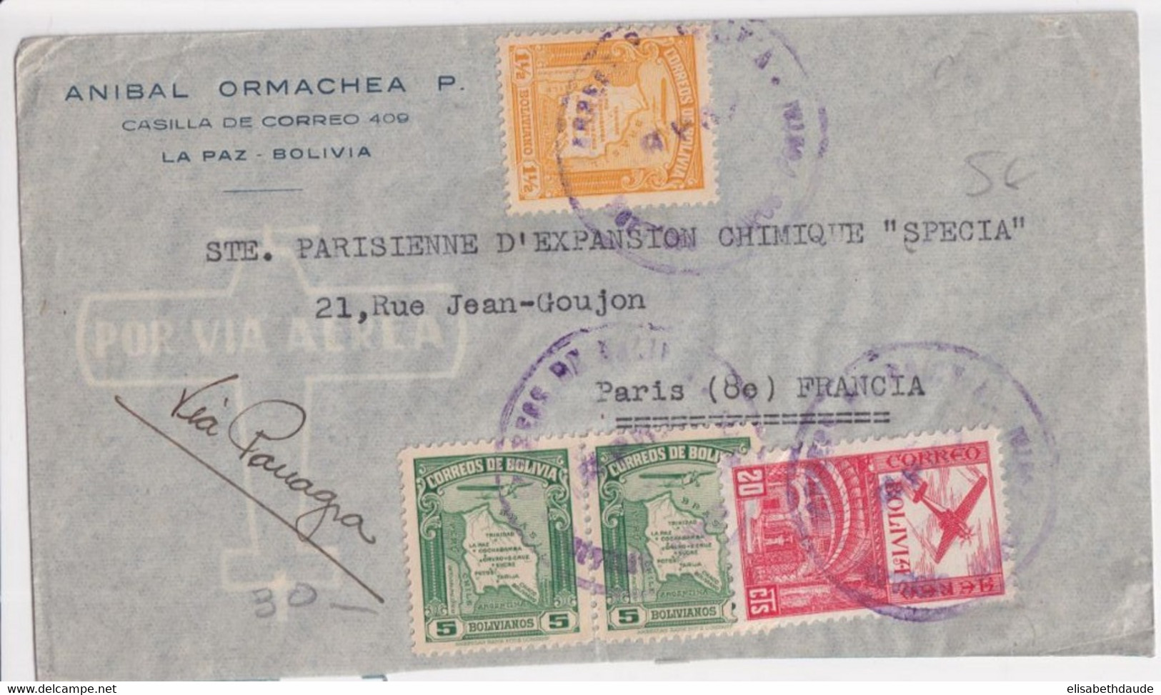 BOLIVIA - 1942 - ENVELOPPE De LA PAZ => PARIS - Bolivia