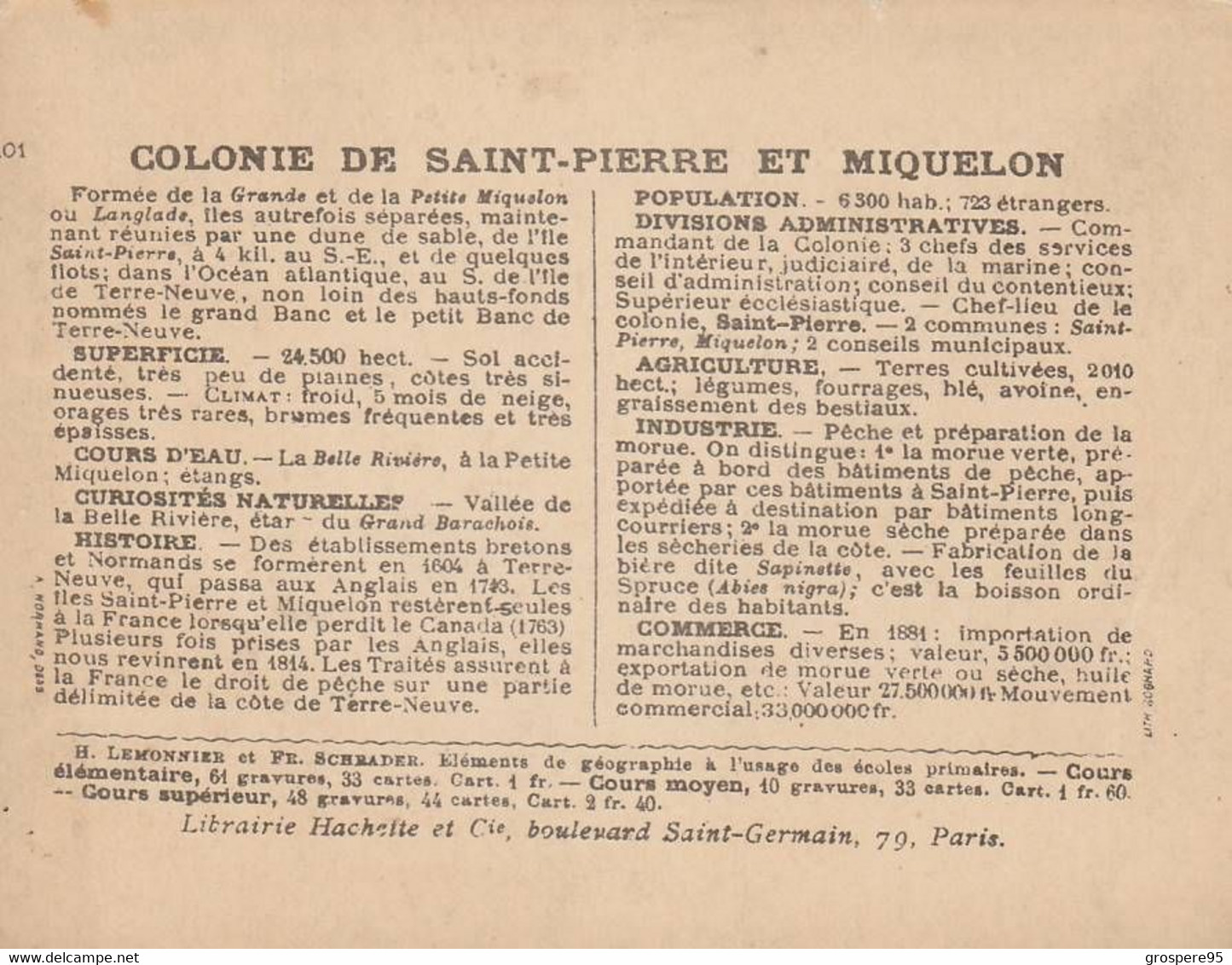 SAINT PIERRE ET MIQUELON LIBRAIRIE HACHETTE H LEMONNIER ET FR SCHRADER - Carte Geographique