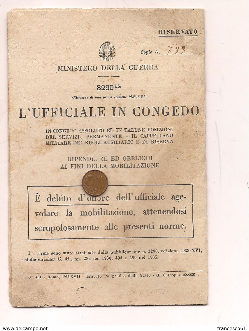 G212 MILITARI CONGEDO RISERVATO OBBLIGHI 0PUSCOLO 8 FACCIATE 1938 - Guerre 1939-45