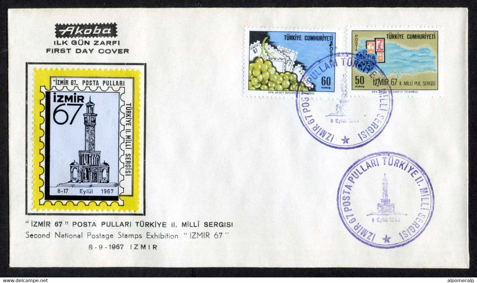 Türkiye 1967 National Stamp Exhibition, Izmir & Exhibition Vignette, Clock Tower Mi 2067-2068 FDC - Covers & Documents