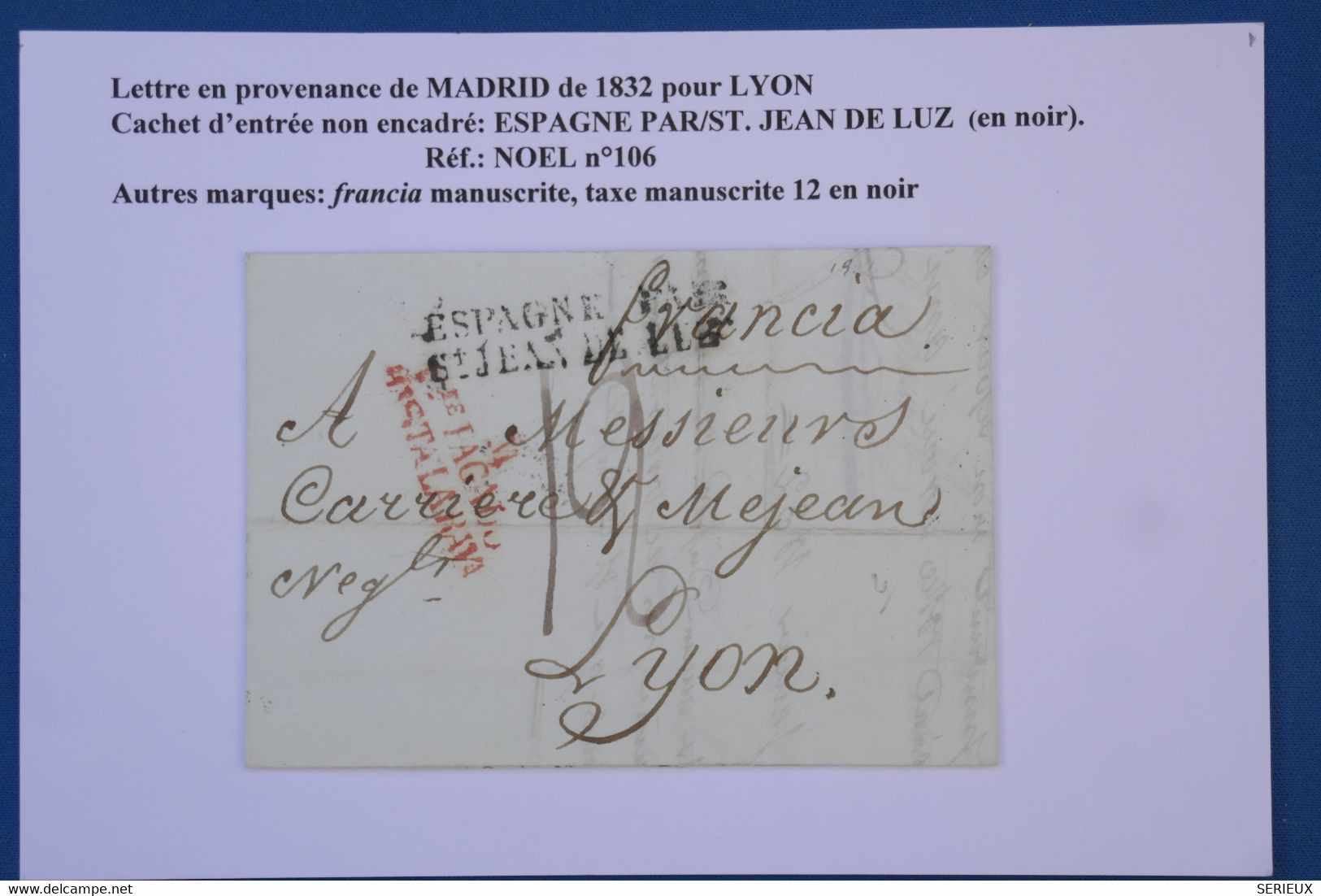 AY7 ESPANA BELLE LETTRE 1826 BARCELONA  A  LYON  FRANCIA + VIA ST JEAN DE LUZ ++HASTA LA RAYA    +AFFRANCH. INTERESSANT - ...-1850 Prefilatelia