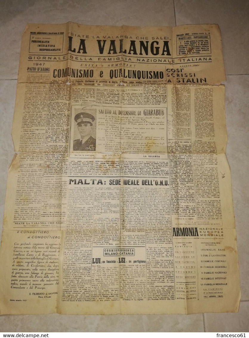 G270 Giornale LA VALANGA 1947 Catania 2 Pagine Col Castagna Caltagirone Giarabub - Guerre 1939-45