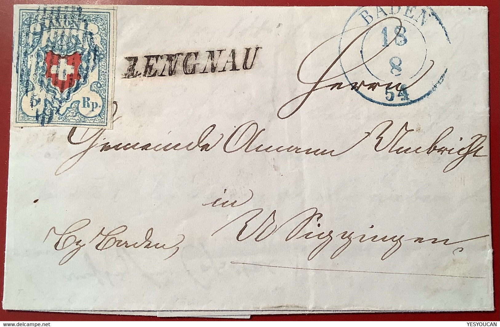 1851, Zst 17 II.3.06 C2 5 Rp Rayon I T9 RETOUCHE Brief LENGNAU AG (Attest Schweiz Judaica Plum War Cover Fruits - 1843-1852 Kantonalmarken Und Bundesmarken