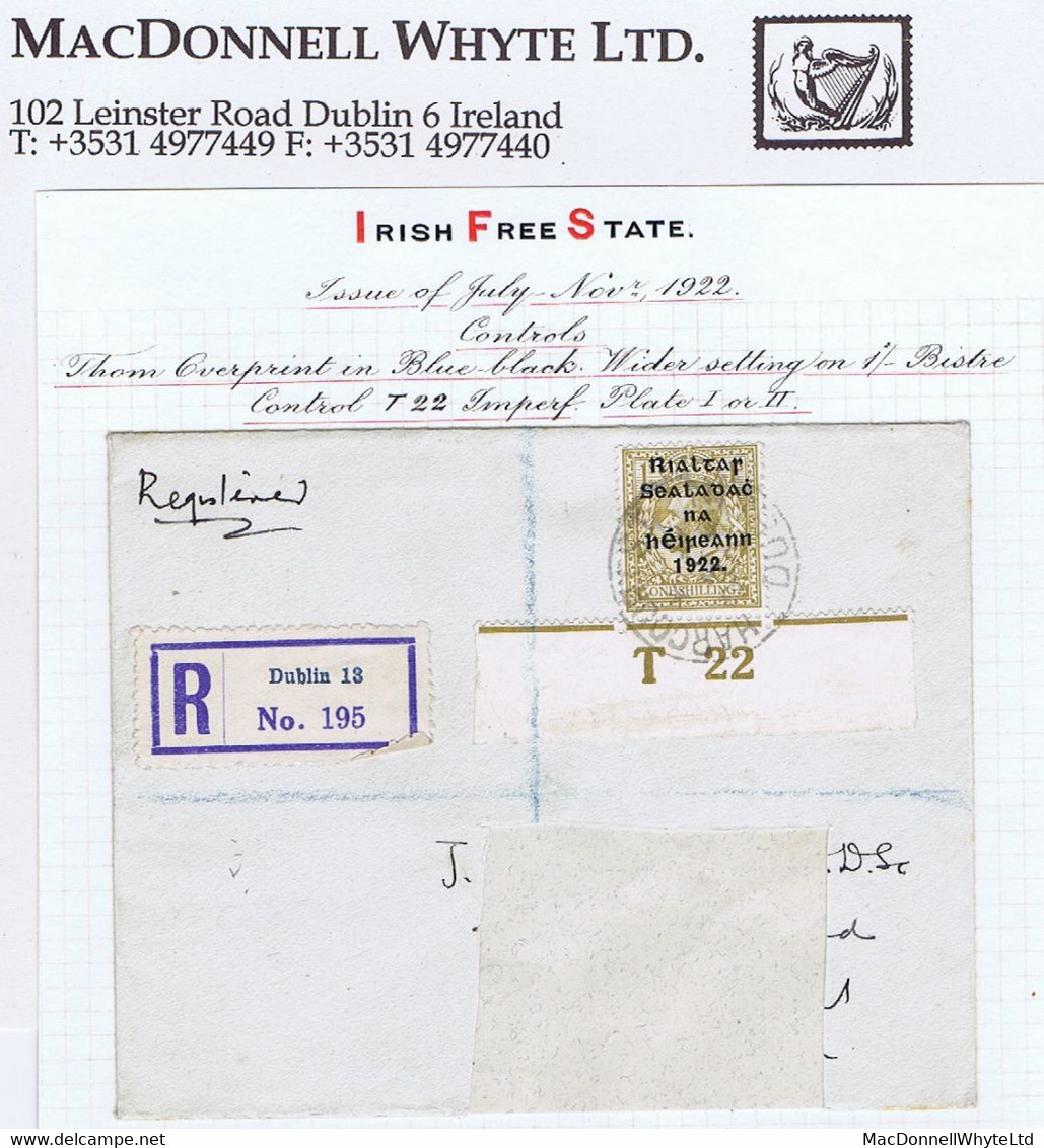 Ireland 1922 (Dec) Thom Rialtas Wide Ovpt On 1s Control T22 Imperf Used On Registered Cover To England 1923 - Covers & Documents