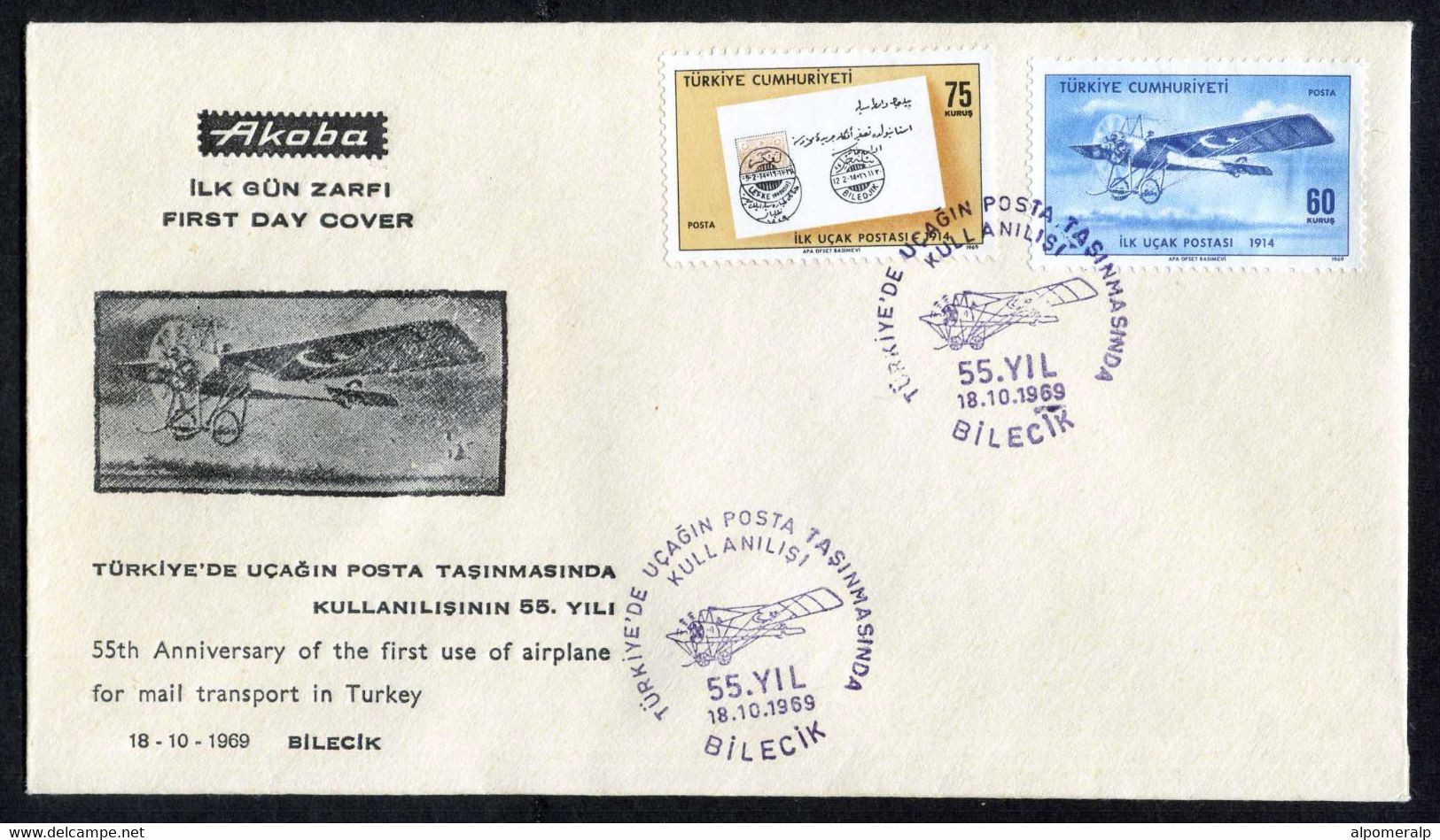 Türkiye 1969 First Airmail Flight, 55th Anniv. | Aircraft, Airlines, Aviation, Postal History Mi 2152-2153 FDC - Lettres & Documents