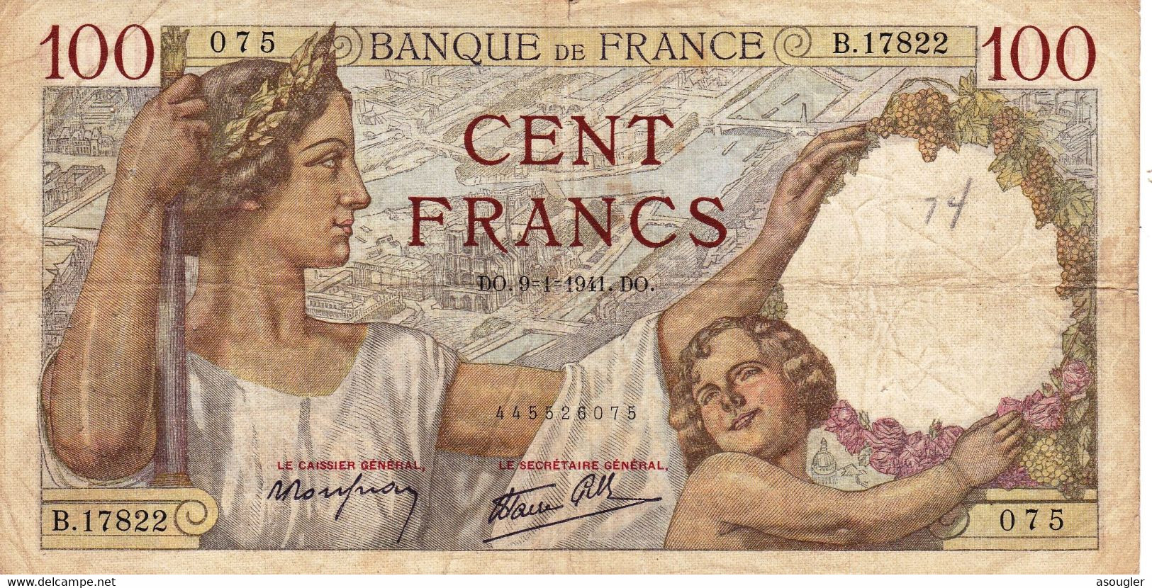 France 100 FRANCS 1941 VG-F P-94 (free Sipping Via Registered Air Mail) - 100 F 1939-1942 ''Sully''