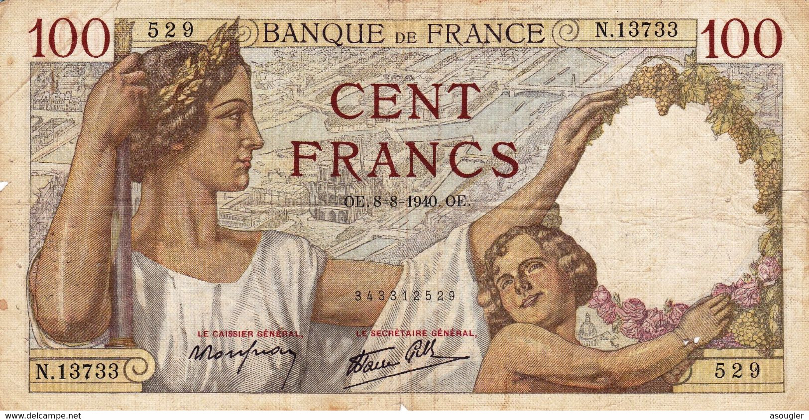 France 100 FRANCS 1940 VG-F P-94 (free Sipping Via Registered Air Mail) - 100 F 1939-1942 ''Sully''