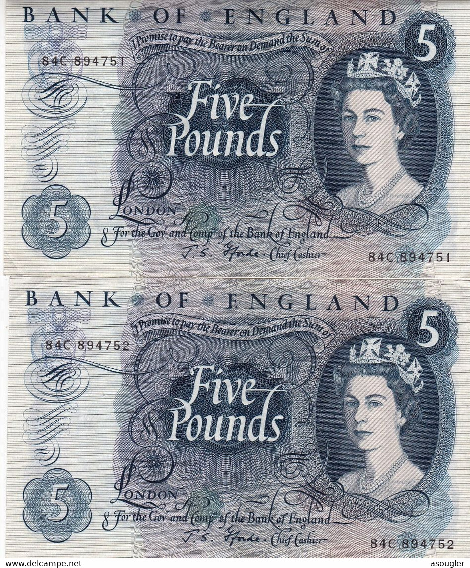 Great Britain United Kingdom England 2 X 5 POUNDS 1966-70 Consecutive EXF P-375b "free Shipping Via Registered Air Mail" - 5 Pond