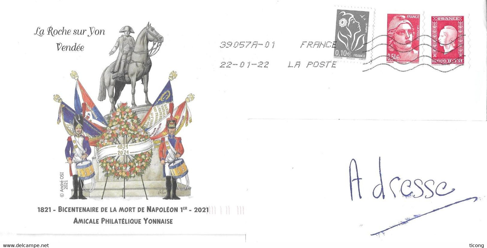 LETTRE ENTIERE DE 2022 - ILLUSTRATION NAPOLEON, LA ROCHE SUR YON SIGNEE ANDRE OSI, TIMBRES MARIANNE DE DULAC ET GANDON.. - Briefe U. Dokumente