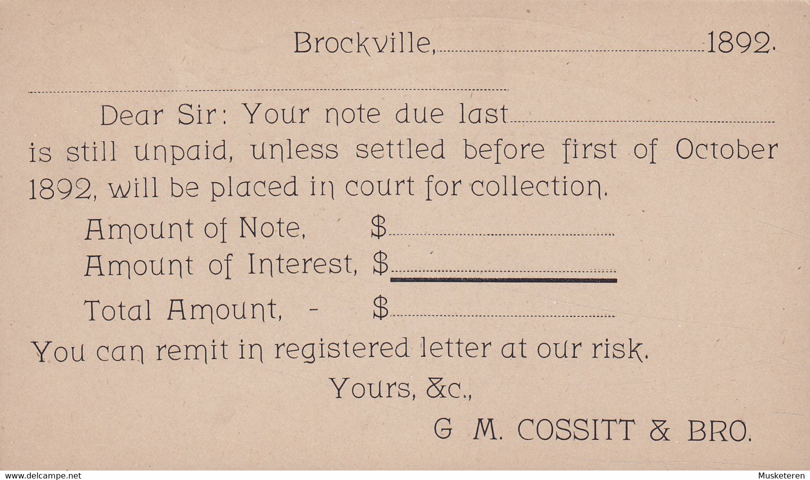 Canada Postal Stationery Ganzsache Entier 1c. Victoria PRIVATE Print G M. COSITT & BRO. BROCKVILLE 1892  (2 Scans) - 1860-1899 Victoria