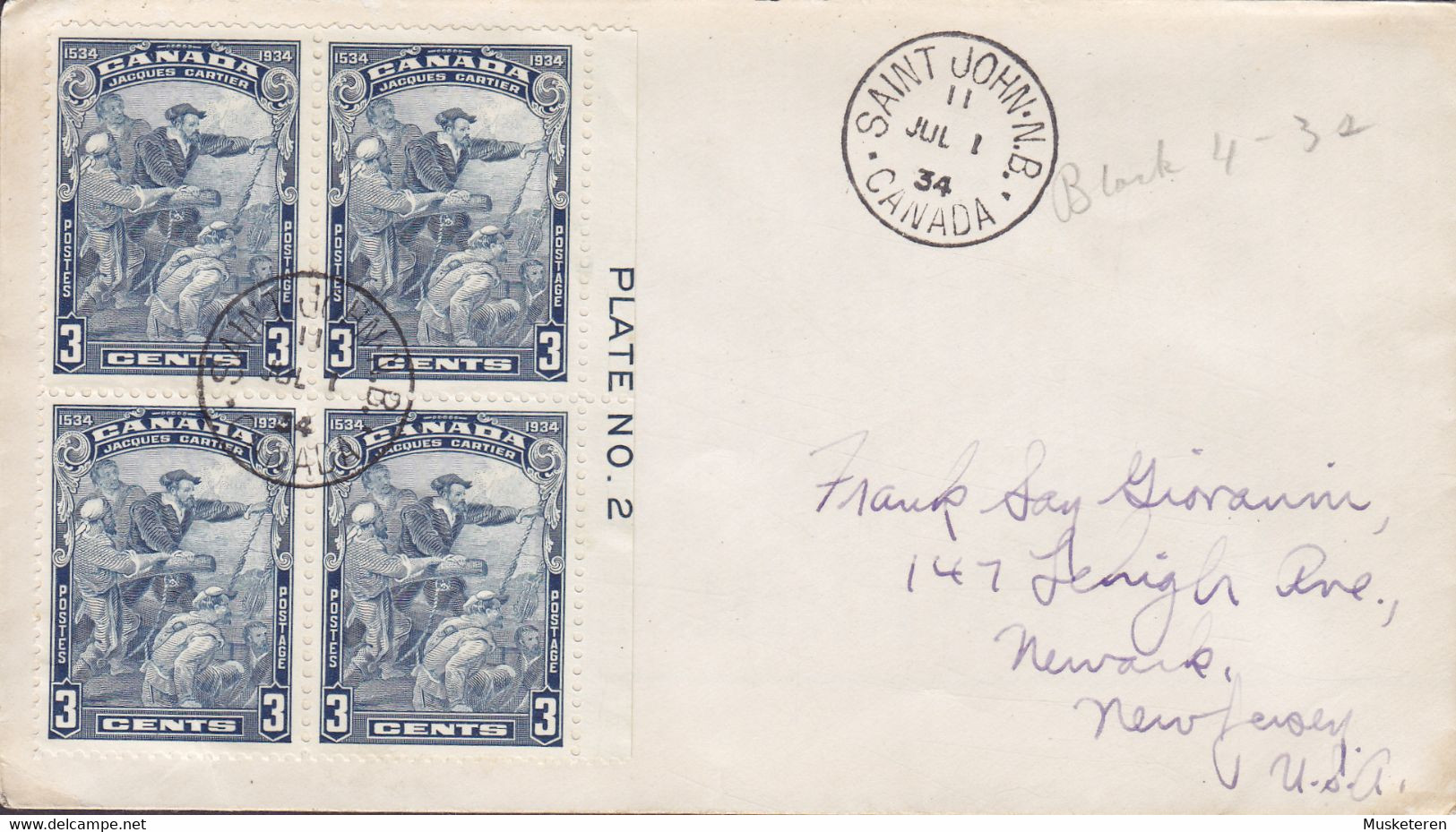 Canada SAINT JOHN N.B. 193 Premier Jour Lettre FDC Cover Jacques Cartier 4-Block PLATE No. 2 Margin - ....-1951