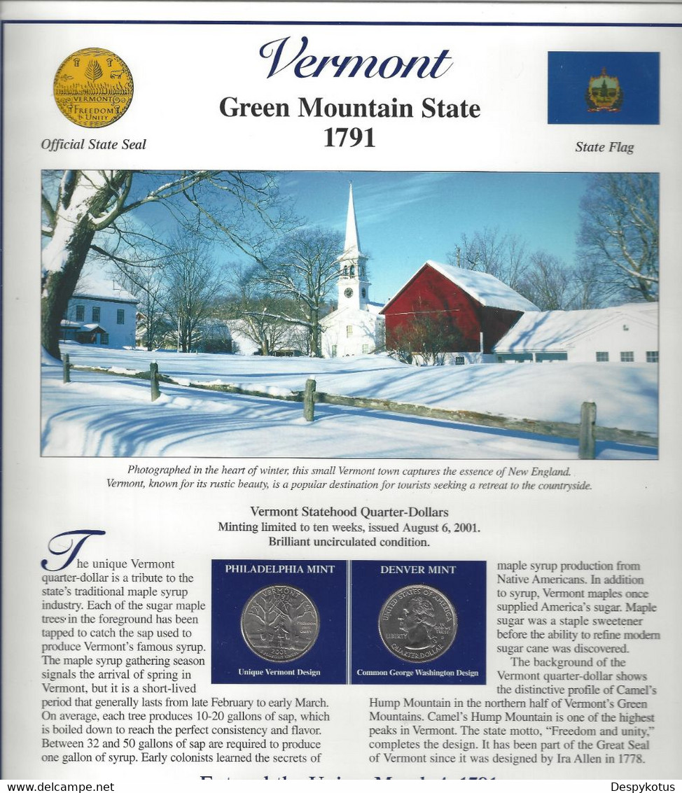 Etats-Unis - Feuillet "Etat" - 2 Quarters FDC 1999 (Philadelphie Et Denver) Et 2 Timbres Neufs - Vermont - Unclassified