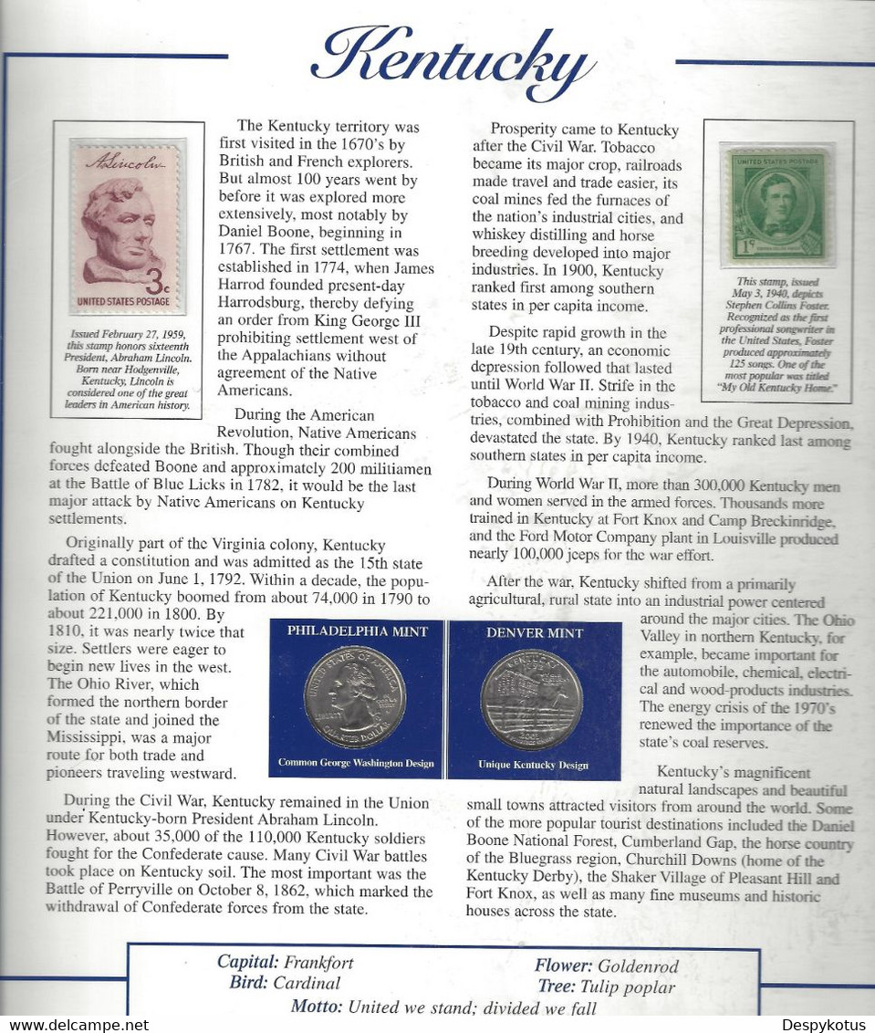 Etats-Unis - Feuillet "Etat" - 2 Quarters FDC 1999 (Philadelphie Et Denver) Et 2 Timbres Neufs - Kentucky - Unclassified