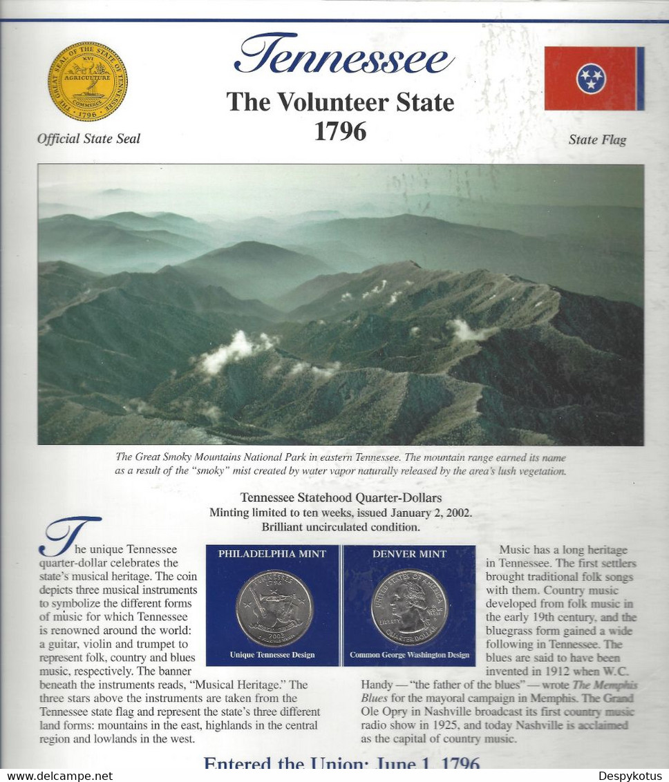 Etats-Unis - Feuillet "Etat" - 2 Quarters FDC 1999 (Philadelphie Et Denver) Et 2 Timbres Neufs - Tennessee - Non Classificati