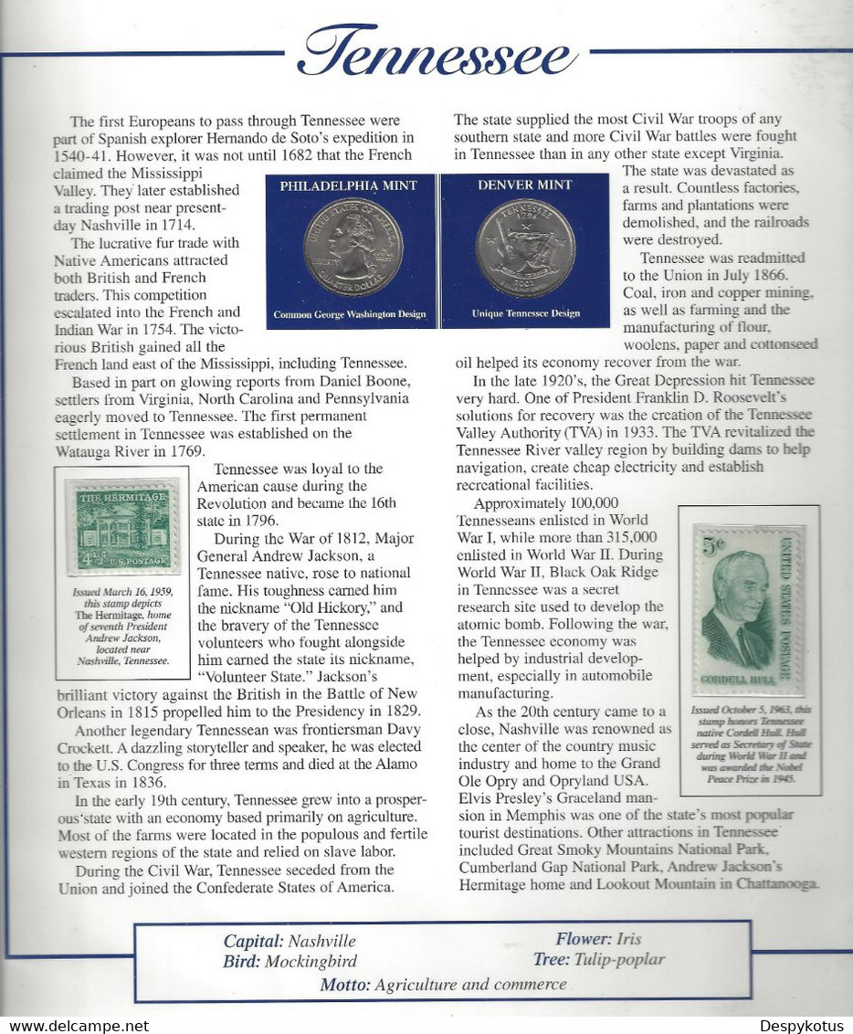 Etats-Unis - Feuillet "Etat" - 2 Quarters FDC 1999 (Philadelphie Et Denver) Et 2 Timbres Neufs - Tennessee - Non Classificati