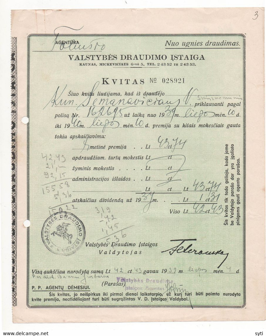 Lithuania 1932 KAUNAS Government Insurance Invoice - Andere & Zonder Classificatie