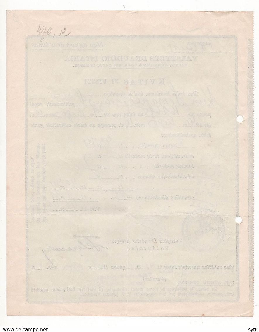 Lithuania 1932 KAUNAS Government Insurance Invoice - Andere & Zonder Classificatie