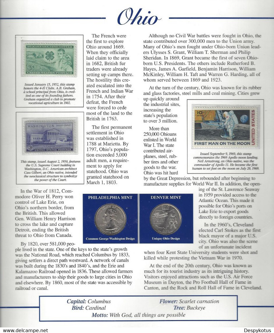 Etats-Unis - Feuillet "Etat" - 2 Quarters FDC 1999 (Philadelphie Et Denver) Et 3 Timbres Neufs - Ohio - Sin Clasificación