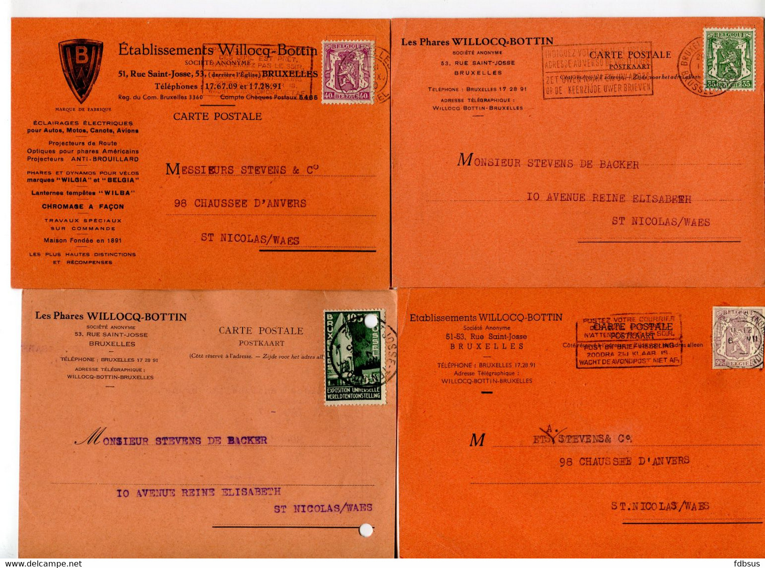 1935/51 4 Kaarten Ets WILLOCQ BOTTIN Bruxelles Eclairages Pour Autos Motos - Belgia Wilgia - Naar Sint Niklaas - Ref 320 - Other & Unclassified