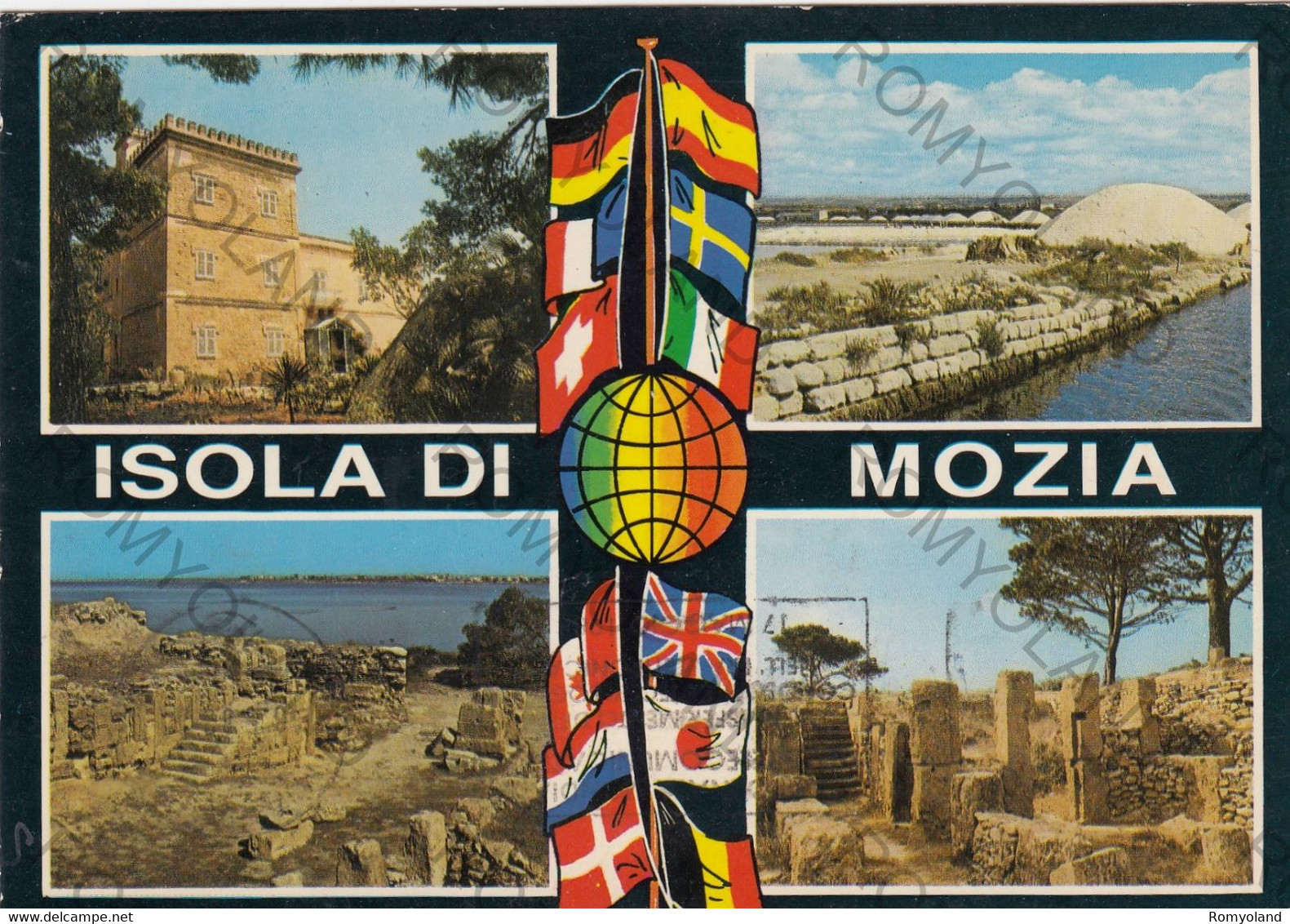 CARTOLINA  ISOLA DI MOZIA,MARSALA,SICILIA,VILLA WHITAKER-SALINE DELLO STAGNONE DI MOZIA-PORTA NORD,VIAGGIATA 1988 - Marsala