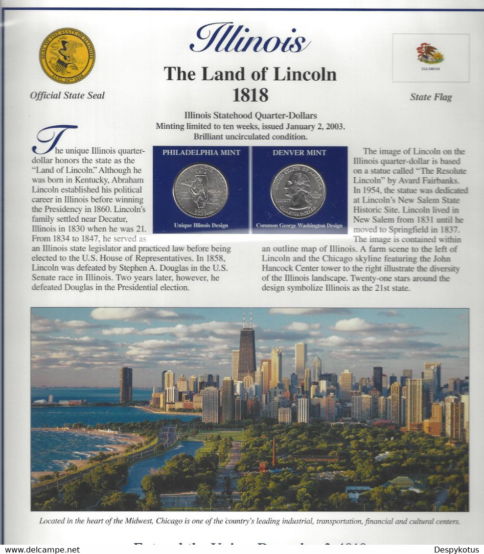 Etats-Unis - Feuillet "Etat" - 2 Quarters FDC 1999 (Philadelphie Et Denver) Et 3 Timbres Neufs - Illinois - Non Classificati