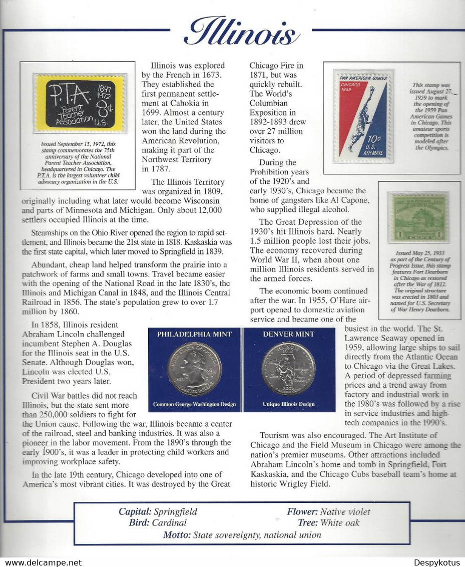 Etats-Unis - Feuillet "Etat" - 2 Quarters FDC 1999 (Philadelphie Et Denver) Et 3 Timbres Neufs - Illinois - Unclassified