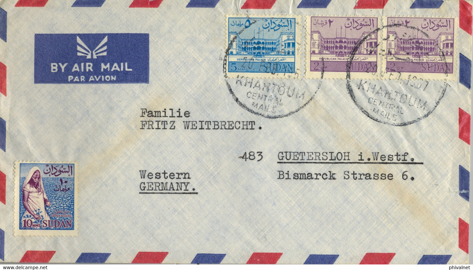 1967 SUDAN / SOUDAN - SOBRE CIRCULADO POR VIA AÉREA , KHARTOUM CENTRAL MAILS - REPUBLICAN PALACE , COTTON PICKING - Soedan (1954-...)