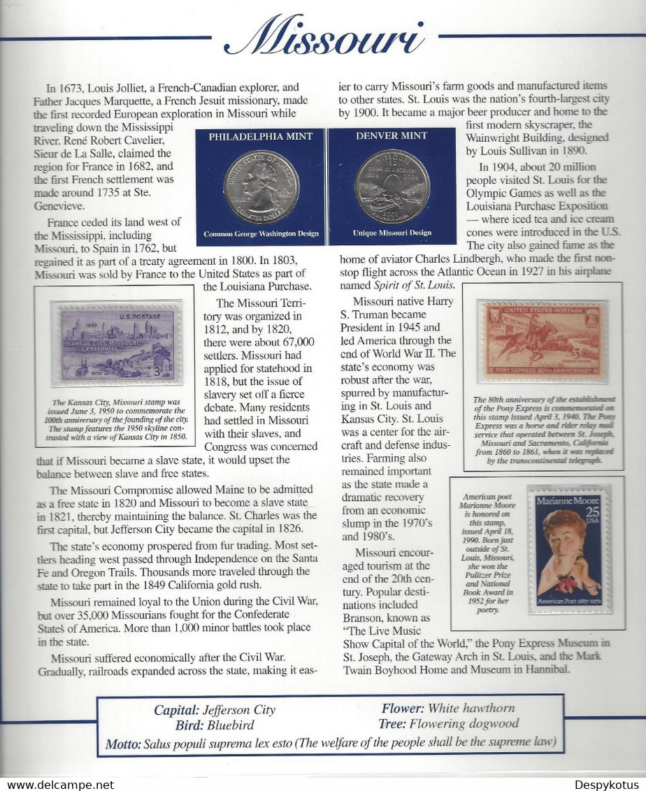 Etats-Unis - Feuillet "Etat" - 2 Quarters FDC 1999 (Philadelphie Et Denver) Et 3 Timbres Neufs - Missouri - Unclassified