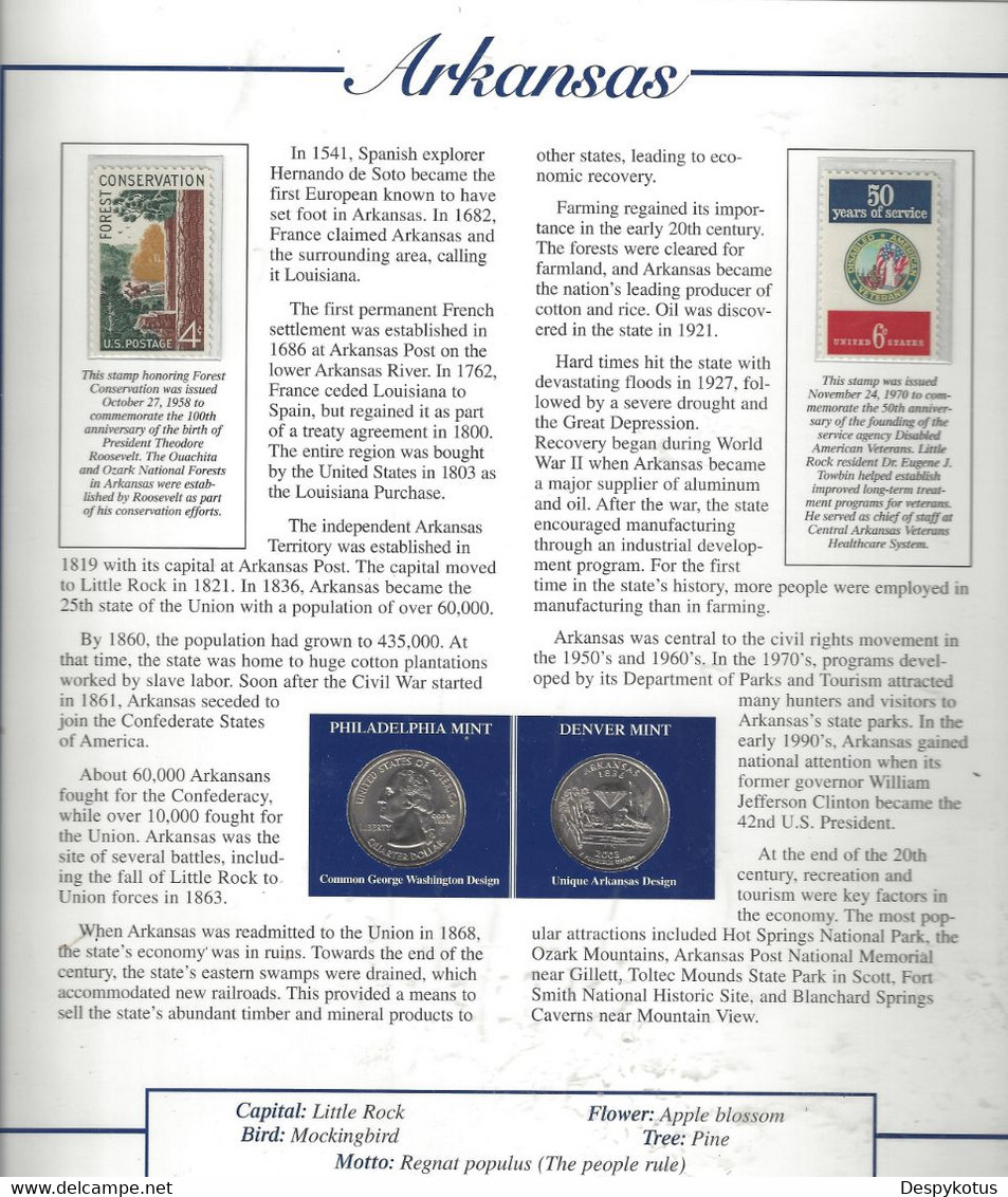 Etats-Unis - Feuillet "Etat" - 2 Quarters FDC 1999 (Philadelphie Et Denver) Et 2 Timbres Neufs - Arkansas - Unclassified