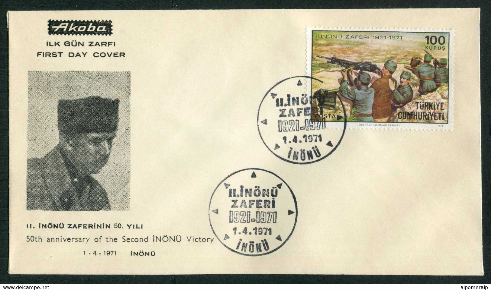 Türkiye 1971 2nd Inönü Victory, 50th Anniv. | Battle, Militaria, Soldiers With Machine Gun In The Trenches Mi 2209 FDC - Lettres & Documents