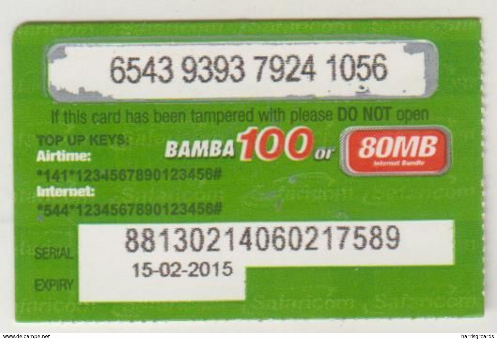 KENYA - BAMBA 100 (1/4 Size), Safaricom Card , Expiry Date:15/02/2015, Used - Kenia