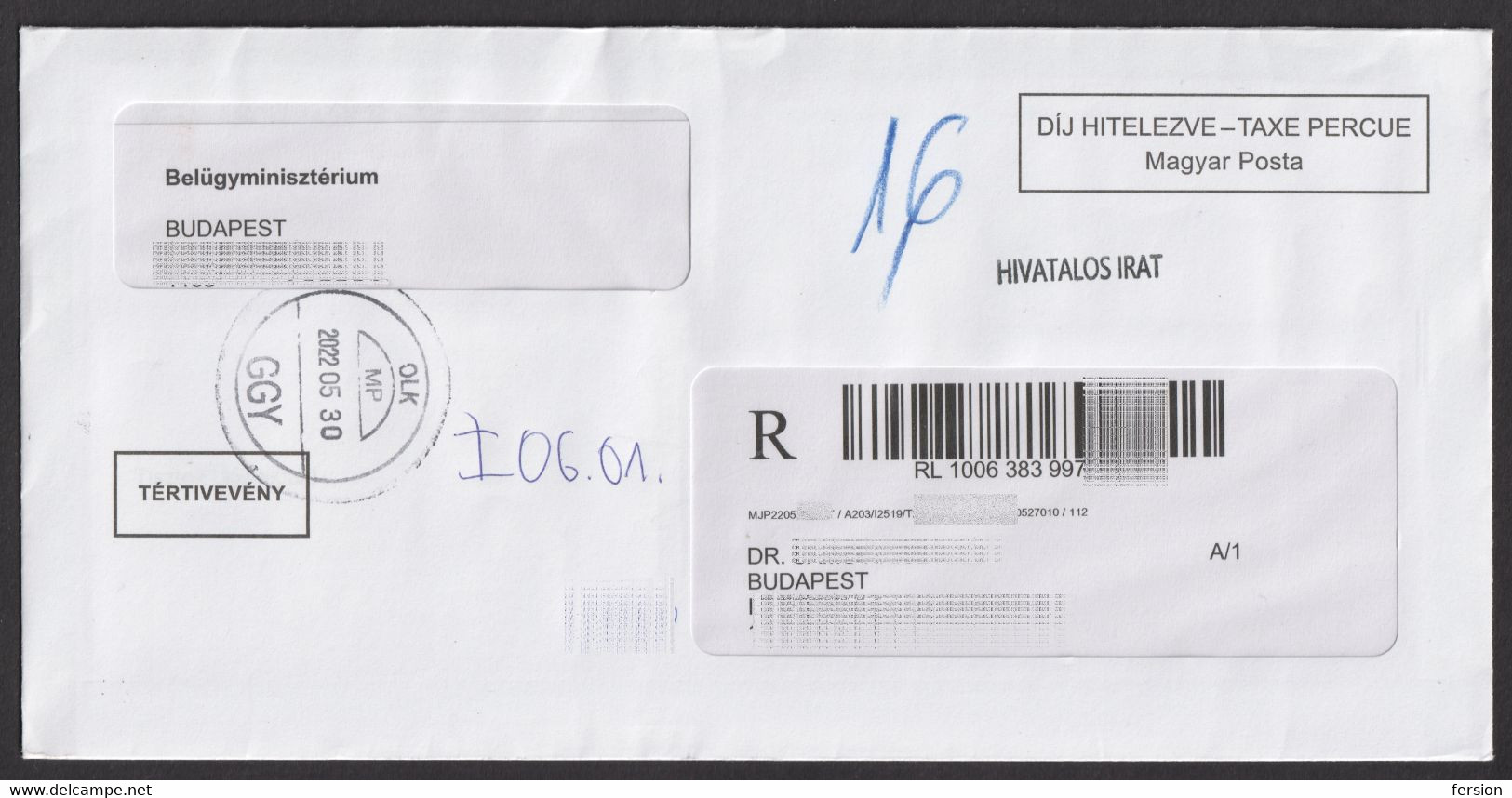 Ministry Of The Interior - 2022 Hungary - WINDOW Envelope Letter AR Avis De Reception Registered  TAXE PERCUE - Cartas & Documentos